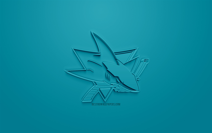 Sharks de San Jose, Am&#233;ricaine de hockey club, cr&#233;atrice du logo 3D, fond bleu, 3d, embl&#232;me de la LNH, San Jose, Californie, etats-unis, la Ligue Nationale de Hockey, art 3d, le hockey, le logo 3d