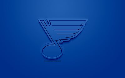 St Louis Blues Am&#233;ricaine de hockey club, cr&#233;atrice du logo 3D, fond bleu, 3d, embl&#232;me de la LNH, St Louis, Missouri, etats-unis, la Ligue Nationale de Hockey, art 3d, le hockey, le logo 3d