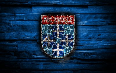 PEC Zwolle FC, polttava logo, Eredivisie, sininen puinen tausta, Hollantilainen jalkapalloseura, grunge, PEC Zwolle, jalkapallo, PEC Zwolle-logo, palo-rakenne, Alankomaat