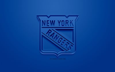 New York Rangers, American hockey club, creativo logo 3D, sfondo blu, 3d, emblema NHL, New York, USA, National Hockey League, 3d arte, l&#39;hockey, il logo 3d
