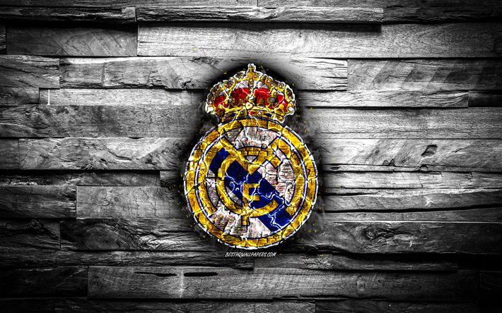 Real Madrid CF, polttava logo, Galacticos, Liiga, valkoinen puinen tausta, espanjan football club, LaLiga, grunge, Real Madrid FC, jalkapallo, Real Madrid logo, palo-rakenne, Espanja