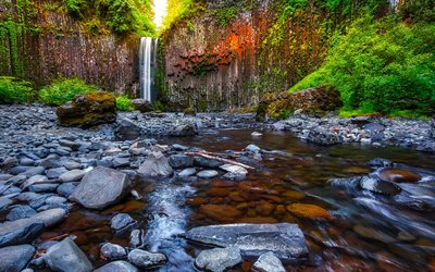 Abiqua Falls Trailhead, beautiful waterfall, lake, rocks, spring, Oregon, USA, waterfalls