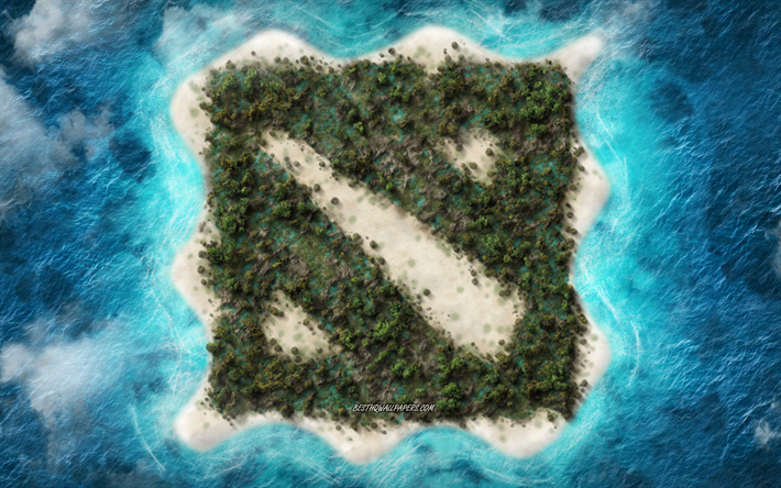 Dota, logotipo de creative, isla tropical, con el emblema de la isla en el oc&#233;ano, Dota 2, logotipo, juegos populares, arte creativo