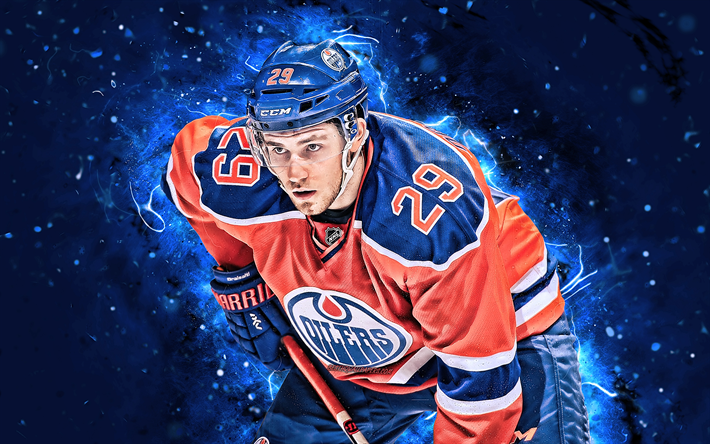 Leon Draisaitl, 4k, hockey stelle, Edmonton Oilers, NHL, giocatori di hockey, Draisaitl, hockey, luci al neon, Draisaitl Oilers