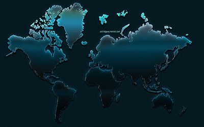 Blue creative world map, blue metal world map, creative art, blue metal background, 3D world map, blue neon art, world map concepts
