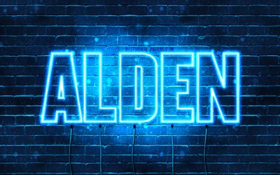 Alden, 4k, pap&#233;is de parede com os nomes de, texto horizontal, Alden nome, luzes de neon azuis, imagem com Alden nome