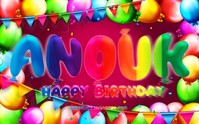 お誕生日おめでAnouk, 4k, カラフルバルーンフレーム, Anouk名, 紫色の背景, Anoukお誕生日おめで, Anouk誕生日, 人気のフランスの女性の名前, 誕生日プ, Anouk