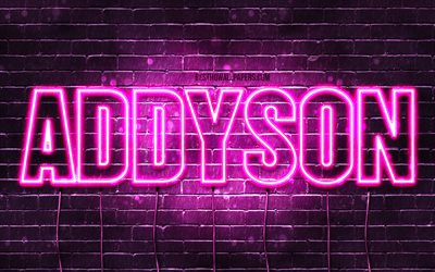 Addyson, 4k, pap&#233;is de parede com os nomes de, nomes femininos, Addyson nome, roxo luzes de neon, texto horizontal, imagem com Addyson nome