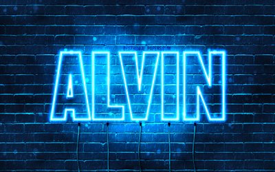 Alvin, 4k, taustakuvia nimet, vaakasuuntainen teksti, Alvin nimi, blue neon valot, kuvan nimi Alvin
