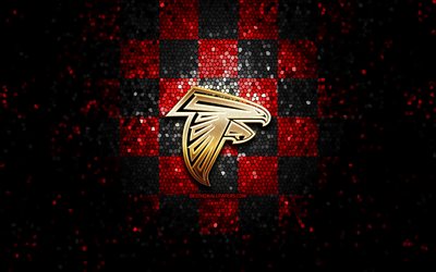 Atlanta Falcons, glitter logotipo, NFL, vermelho preto fundo quadriculado, EUA, time de futebol americano, Atlanta Falcons logotipo, arte em mosaico, futebol americano, Am&#233;rica