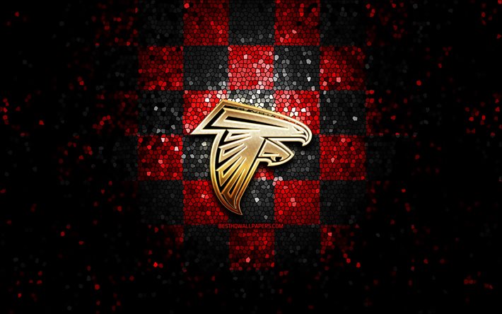 Falcons d&#39;Atlanta, paillettes logo de la NFL, rouge noir damier en arri&#232;re-plan, &#233;tats-unis, &#233;quipe de football am&#233;ricain, des Falcons d&#39;Atlanta logo, l&#39;art de la mosa&#239;que, le football am&#233;ricain, l&#39;Am&#233;riq