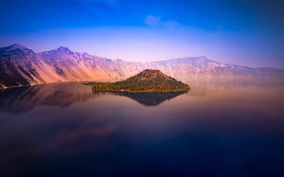 4k, 火口湖, 朝, 夏, 美しい自然, 米国, 火口湖国立公園, 米