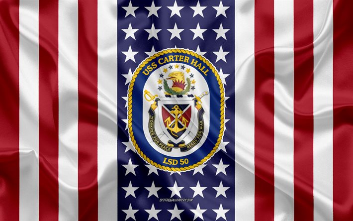 uss carter hall-emblem, lsd-50, american flag, us-navy, usa, uss carter hall-abzeichen, us-kriegsschiff, wappen der uss carter hall