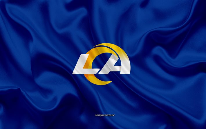 Los Angeles Rams new logo, 2020, blue silk texture, silk flag, NFL, american football club, Los Angeles Rams, National Football League, Los Angeles, California, USA, Rams 2020 logo