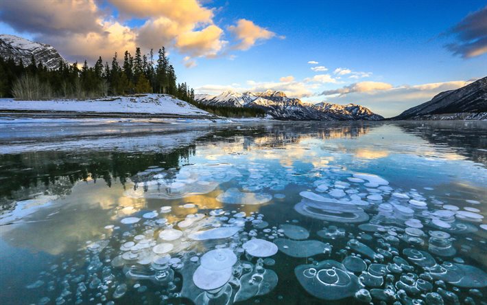 Lataa kuva Abraham Lake, sunset, kaunis järvi, kevät, mountain maisema,  Clearwater County, Alberta, Kanada ilmaiseksi. Kuvat ilmainen työpöydän  taustakuvaksi