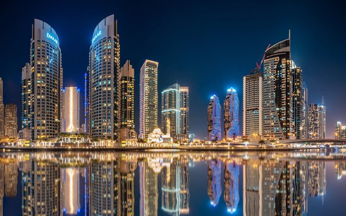 ドバイ, nightscapes, UAE, 高層ビル群, 近代ビル, 町並み, アラブ首長国連邦, ドバイの夜