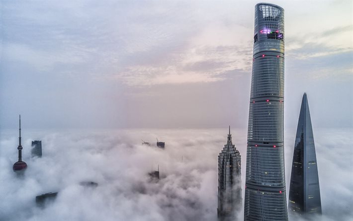 Shanghai, rascacielos por encima de las nubes, por la ma&#241;ana, salida del sol, modernos edificios, rascacielos, torres de Shanghai, Centro Financiero Mundial de Shanghai, Torre Jin Mao, Lujiazui, el Distrito financiero, China