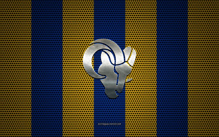 Los Angeles Rams nouveau logo, club de football Am&#233;ricain, des B&#233;liers nouveau logo jaune bleu m&#233;tallique treillis arri&#232;re-plan, des Los Angeles Rams, NFL, Los Angeles, Californie, etats-unis, le football am&#233;ricain, les B&#233;lie