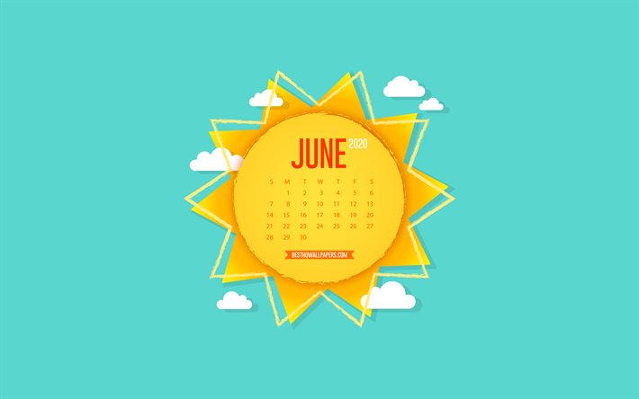 2020 Juni Kalender, kreativa solen, paper art, bakgrund med sun, Juni, bl&#229; himmel, 2020 sommaren kalendrar, Juni 2020 Kalender