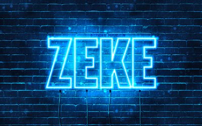Zeke, 4k, sfondi per il desktop con i nomi, il testo orizzontale, Zeke nome, neon blu, foto con Zeke nome
