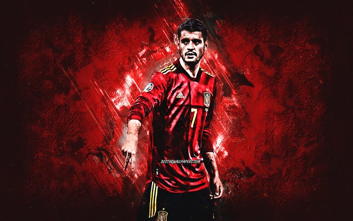 Alvaro Morata, Spain national football team, Spanish football player, portrait, football, Spain, red Creative background, football stars