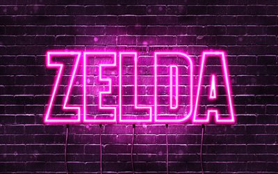Zelda, 4k, wallpapers with names, female names, Zelda name, purple neon lights, horizontal text, picture with Zelda name