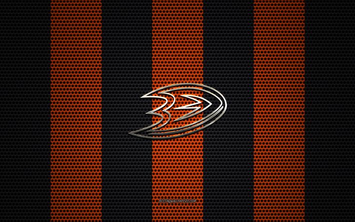 Anaheim Ducks logo, Amerikan hokey kul&#252;b&#252;, metal amblem, turuncu, siyah metal kafes arka plan, Anaheim &#214;rdekler, NHL, Anaheim, Kaliforniya, ABD, hokey