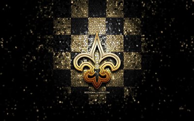New Orleans Saints, glitter logo, NFL, black brown checkered background, USA, american football team, New Orleans Saints logo, mosaic art, american football, America