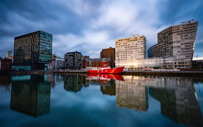 Liverpool, sera, tramonto, edifici moderni, rosso nave, citt&#224; di Liverpool, Inghilterra, regno UNITO, Gran Bretagna