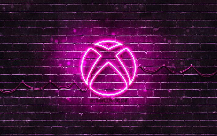 xbox purple-logo, 4k, lila brickwall -, xbox-logo, marken, xbox neon-logo, xbox