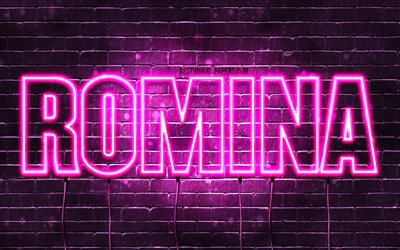 Romina, 4k, wallpapers with names, female names, Romina name, purple neon lights, horizontal text, picture with Romina name