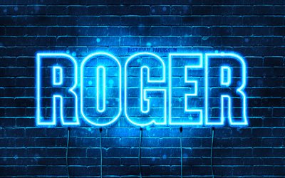 Roger, 4k, wallpapers with names, horizontal text, Roger name, blue neon lights, picture with Roger name