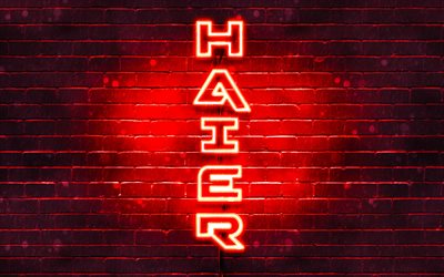 4K, Haier red logo, vertical text, red brickwall, Haier neon logo, creative, Haier logo, artwork, Haier