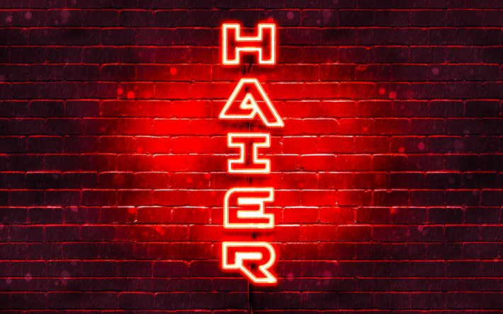 4K, Haier red logo, vertical text, red brickwall, Haier neon logo, creative, Haier logo, artwork, Haier