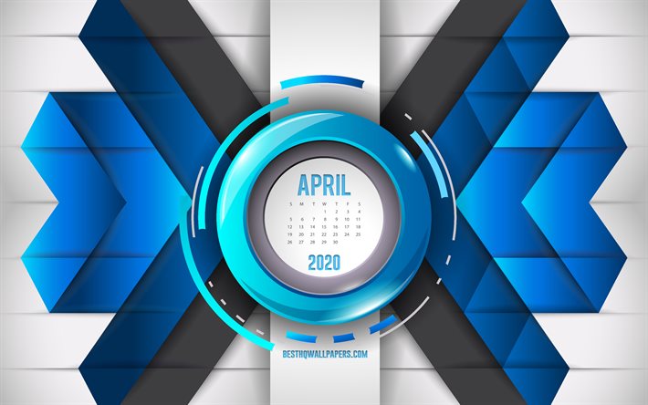 2020 calendario di aprile, blu, astratto sfondo, 2020 primavera calendari, aprile, mosaico, sfondo, aprile 2020 Calendario, creativo, sfondo blu