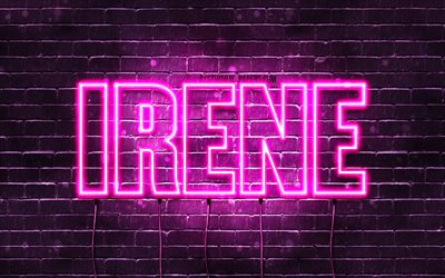 Irene, 4k, wallpapers with names, female names, Irene name, purple neon lights, horizontal text, picture with Irene name