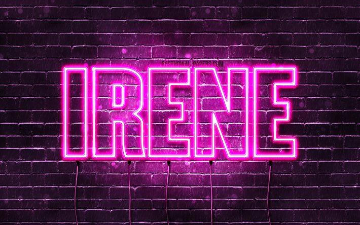 Irene, 4k, taustakuvia nimet, naisten nimi&#228;, Irene nimi, violetti neon valot, vaakasuuntainen teksti, kuva Irene nimi