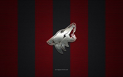 Arizona Coyotes logo, American hockey club, metal emblem, red-black metal mesh background, Arizona Coyotes, NHL, Glendale, Arizona, USA, hockey