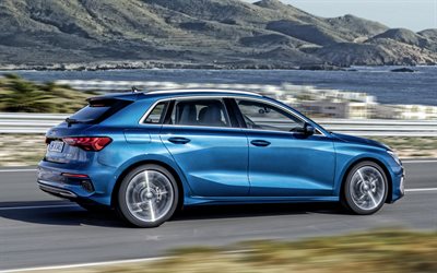 Audi A3 Sportback, 2021, vista lateral, exterior, azul novo A3 Sportback, carros alem&#227;es, Audi