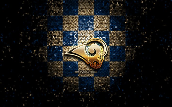 LA Rams, NFL, glitter logo, brown blue checkered background, USA, Los Angeles Rams, american football team, Los Angeles Rams logo, mosaic art, american football, America
