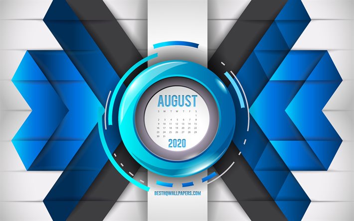 Il 2020, agosto, calendario, blu, astratto sfondo, 2020 estate calendari, blu a mosaico, sfondo, agosto 2020 Calendario, creativo, sfondo blu