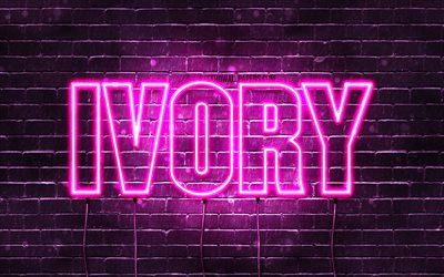 Ivory, 4k, wallpapers with names, female names, Ivory name, purple neon lights, horizontal text, picture with Ivory name