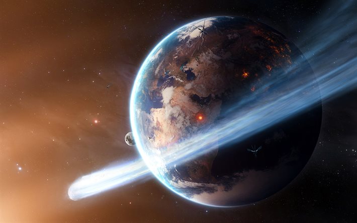 Terra a partir do espa&#231;o, cometa, estrelas, sci-fi, universo, NO, planetas, galaxy
