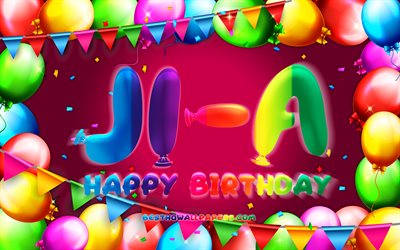 happy birthday ji-a, 4k, bunte ballon-rahmen, ji-ein name, lila hintergrund, ji-happy birthday, ji-geburtstages, der beliebten s&#252;dkoreanischen weiblichen namen, geburtstag-konzept, ji-a