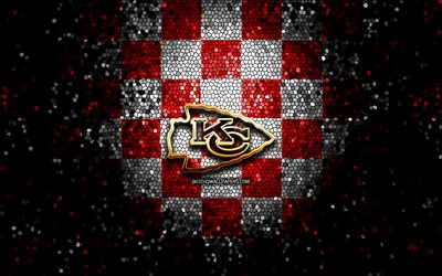 Kansas City Chiefs, glitter logo, NFL, red white checkered background, USA, american football team, Kansas City Chiefs logo, mosaic art, american football, America