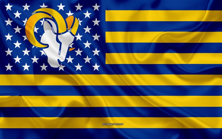 Los Angeles Rams nuovo logo, squadra di football Americano, creativo, bandiera Americana, blu, giallo, bandiera, NFL, Los Angeles, California, USA, seta, football Americano, Montoni nuovo logo