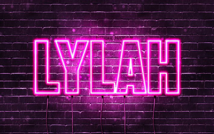 Lylah, 4k, 壁紙名, 女性の名前, Lylah名, 紫色のネオン, テキストの水平, 写真Lylah名