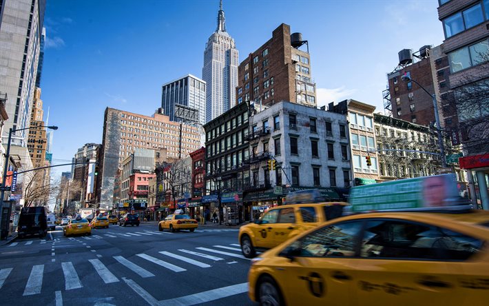 New York, yellow taxi, street, New York City, Manhattan, american cities, America, USA
