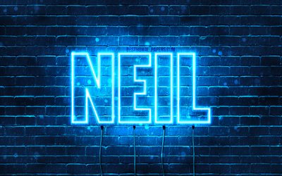 Neil, 4k, wallpapers with names, horizontal text, Neil name, blue neon lights, picture with Neil name
