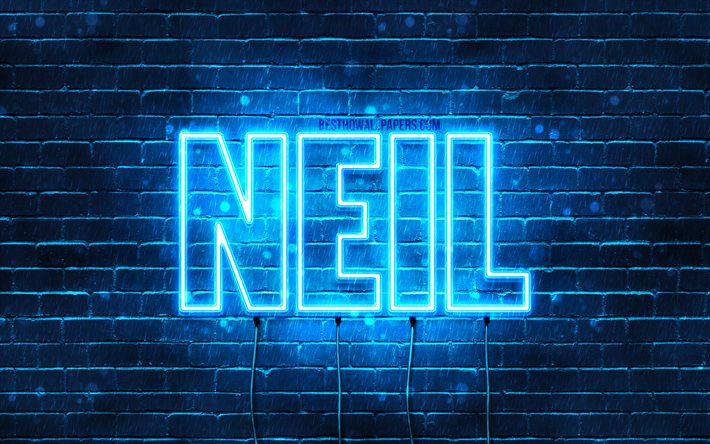 Neil, 4k, fondos de pantalla con los nombres, el texto horizontal, Neil nombre, luces azules de ne&#243;n, imagen con Neil nombre